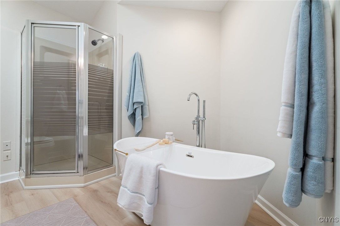 Bathroom, Free Standing Baths, Glass Shower, Interior, Wood Texture Flooring