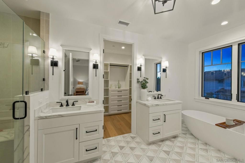 Bathroom, Dual Sink Vanities, Free Standing Baths, Interior, Recessed Lighting, Wood Texture Flooring