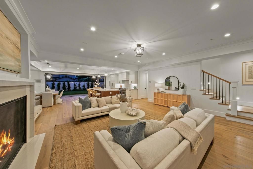 Fireplace, Interior, Kitchen, Living room, Pendant Lights, Recessed Lighting, Wood Texture Flooring