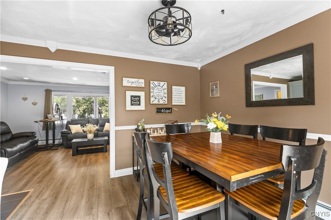 Dining room, Interior, Living room, Recessed Lighting, Wood Texture Flooring