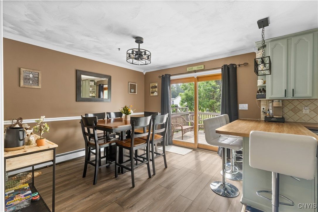 Dining room, Interior, Pendant Lights, Wood Texture Flooring