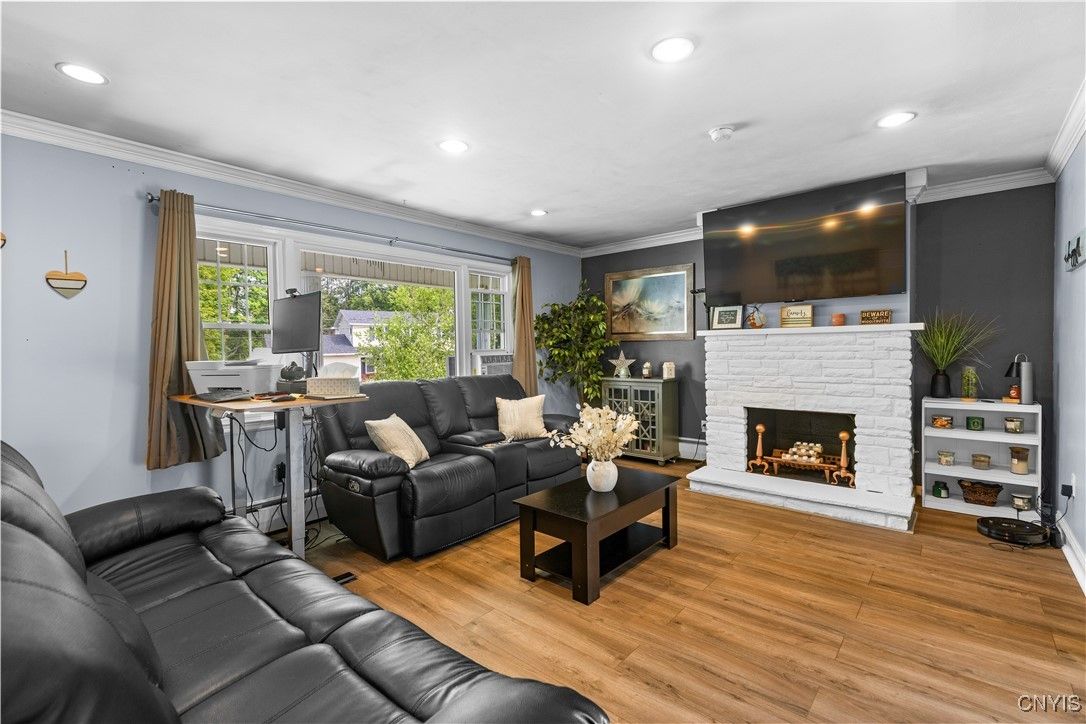 Fireplace, Interior, Living room, Recessed Lighting, Wood Texture Flooring