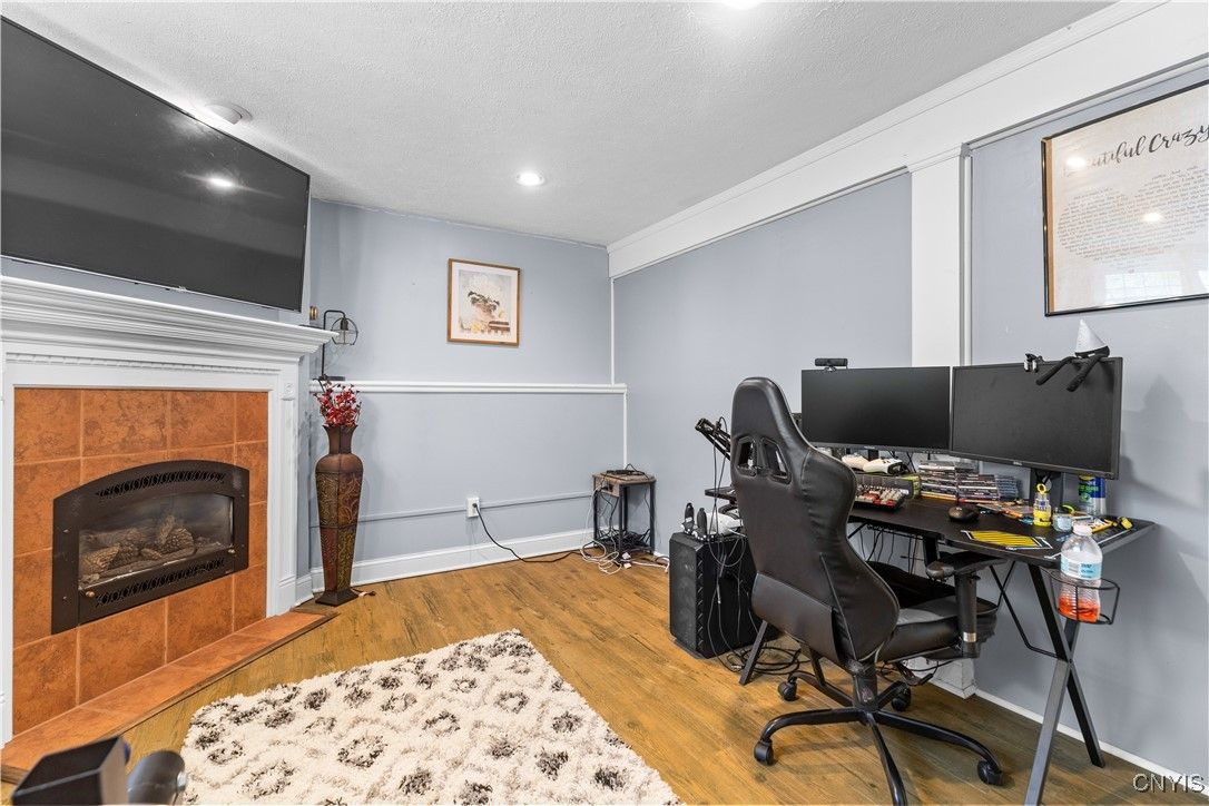 Fireplace, Home Office, Interior, Recessed Lighting, Wood Texture Flooring