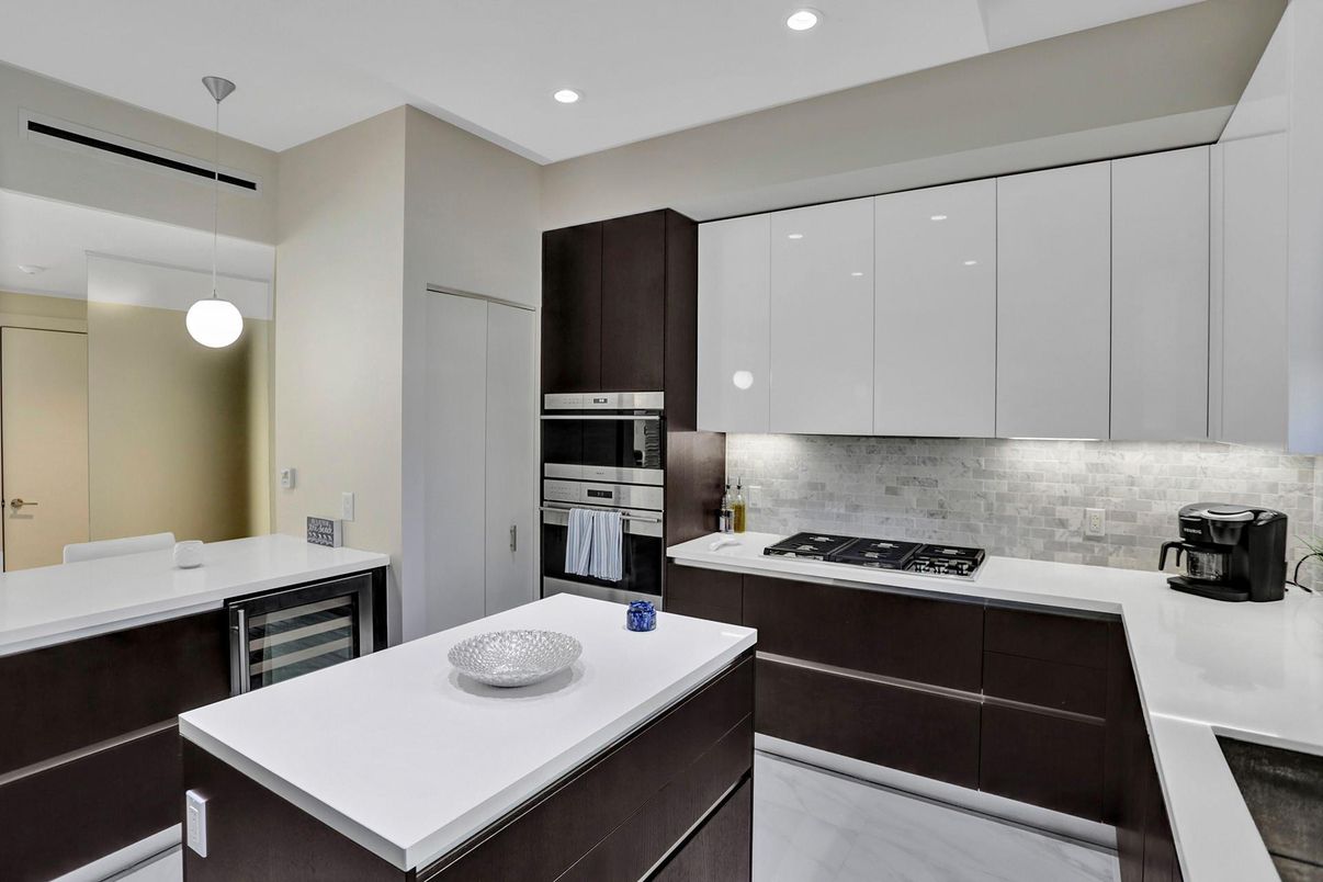 Interior, Kitchen, Marble, Pendant Lights, Recessed Lighting, Stainless Steel Appliances