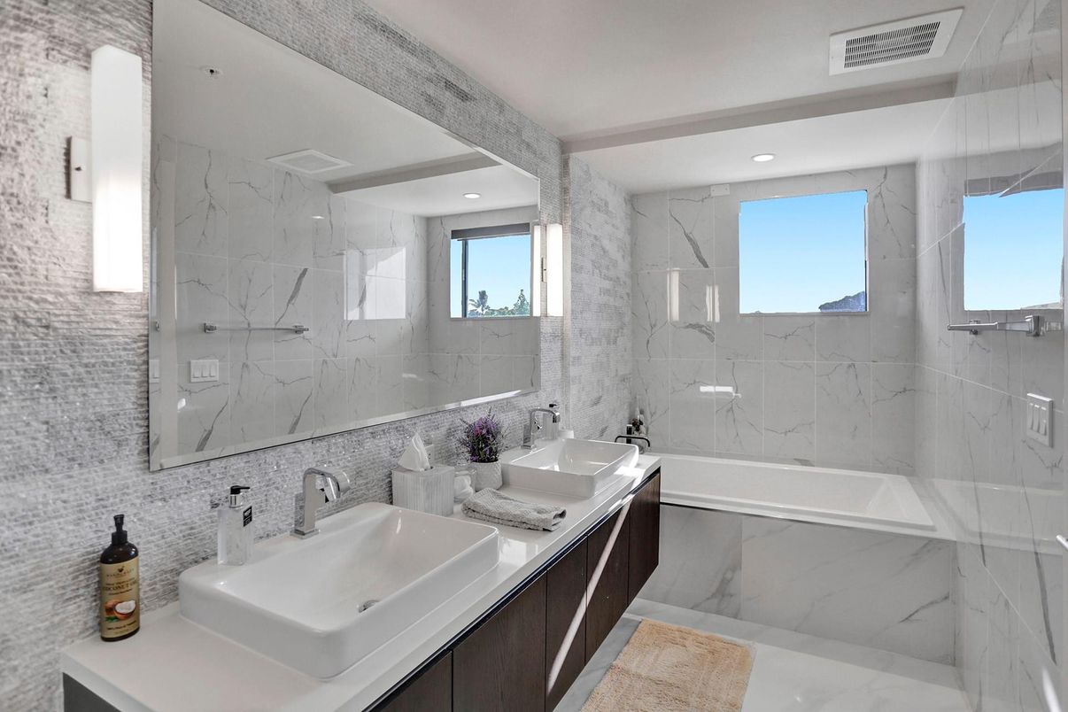 Bathroom, Dual Sink Vanities, Interior, Marble Walls, Recessed Lighting