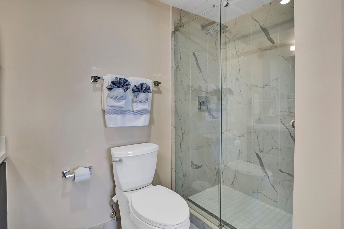 Bathroom, Glass Shower, Interior, Marble Walls, Recessed Lighting
