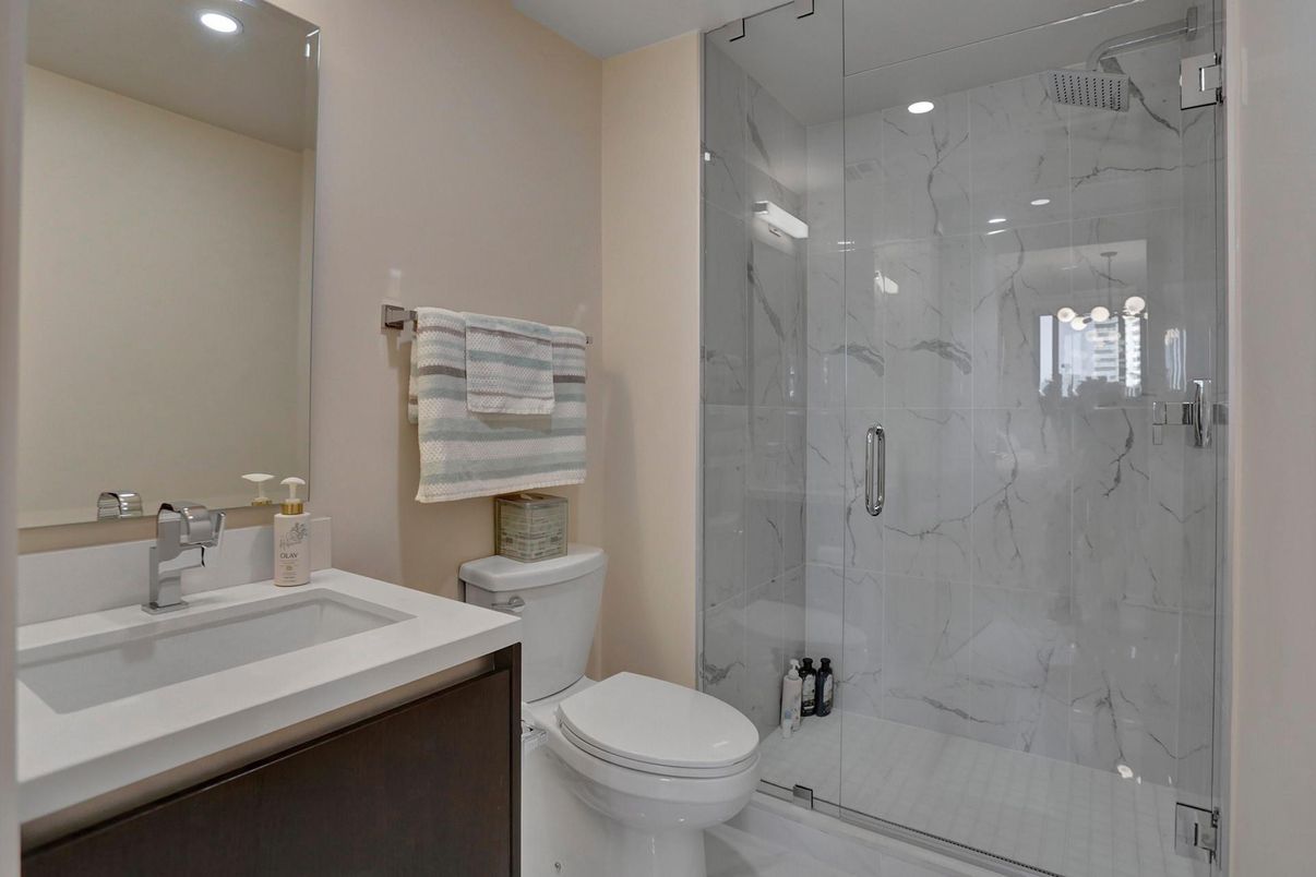 Bathroom, Glass Shower, Interior, Marble Walls, Recessed Lighting