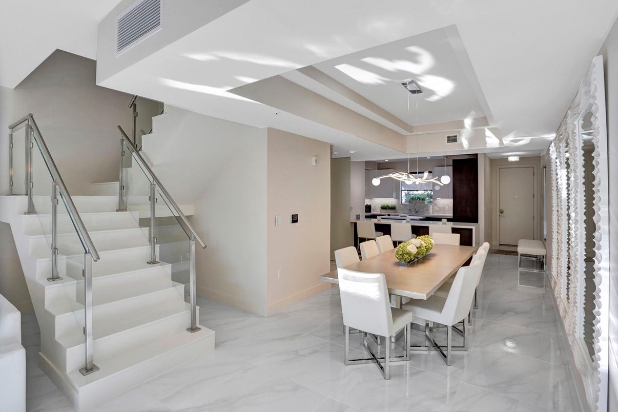 Dining room, Interior, Marble, Pendant Lights