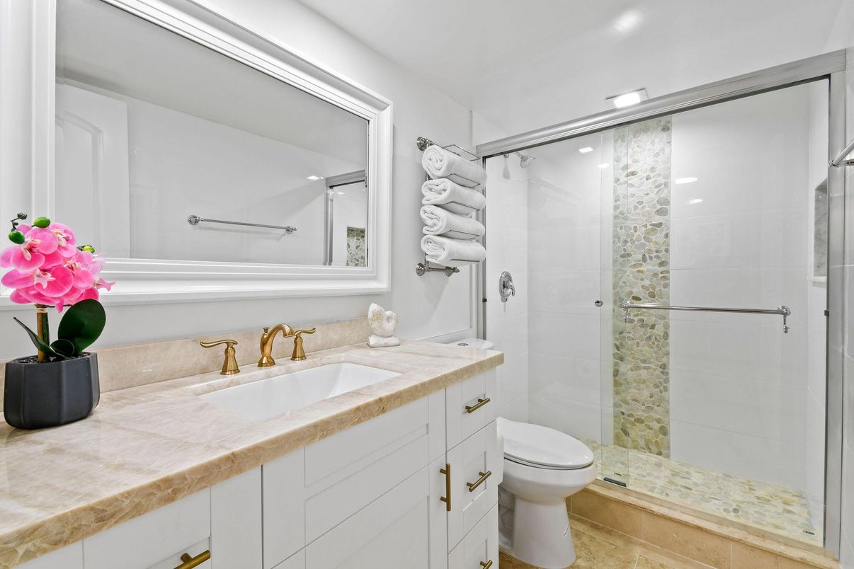 Bathroom, Glass Shower, Interior, Recessed Lighting, Tile Countertops