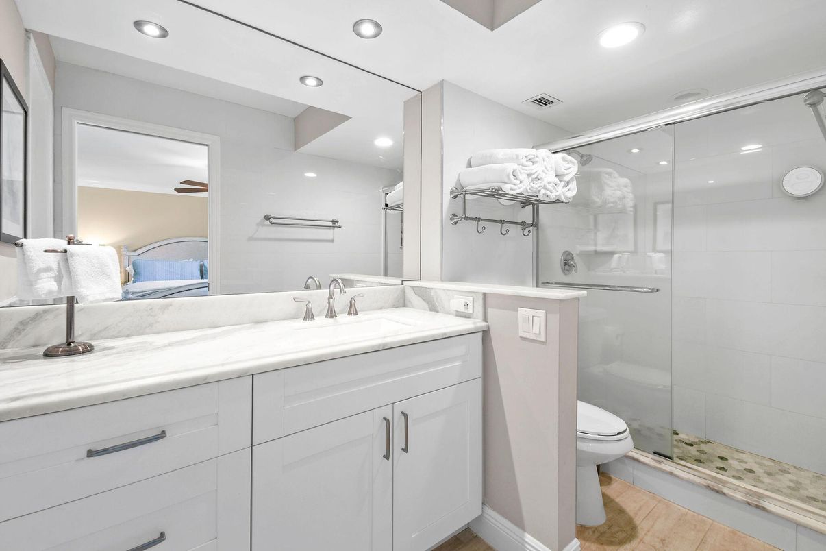 Bathroom, Glass Shower, Interior, Recessed Lighting, Wood Texture Flooring