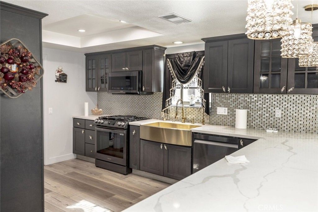 Interior, Kitchen, Pendant Lights, Recessed Lighting, Stainless Steel Appliances, Wood Texture Flooring