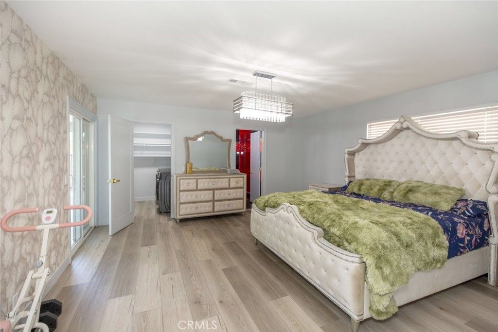 Bedroom, Chandelier, Interior, Wood Texture Flooring
