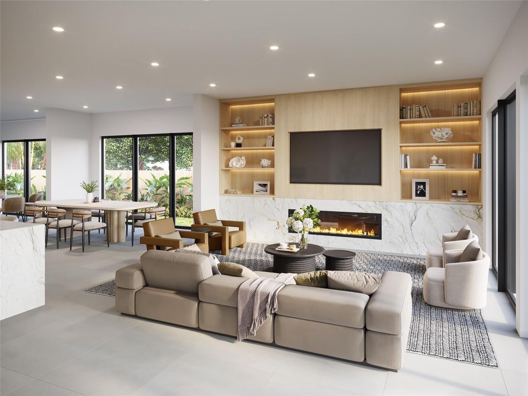 Dining room, Fireplace, Interior, Living room, Recessed Lighting