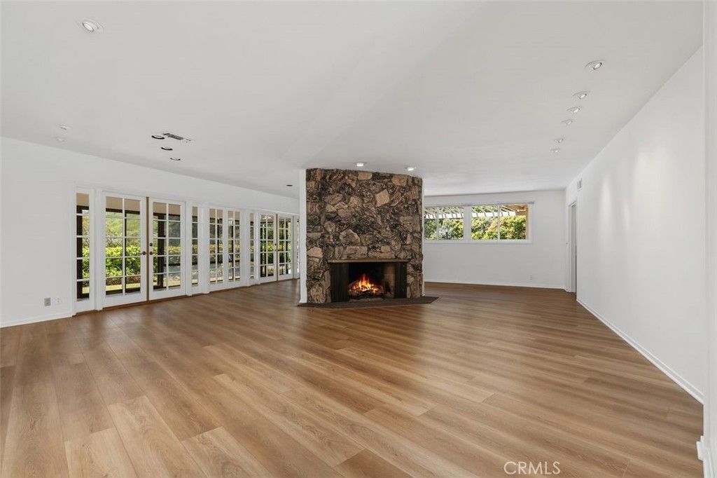 Empty room, Fireplace, Interior, Recessed Lighting, Wood Texture Flooring
