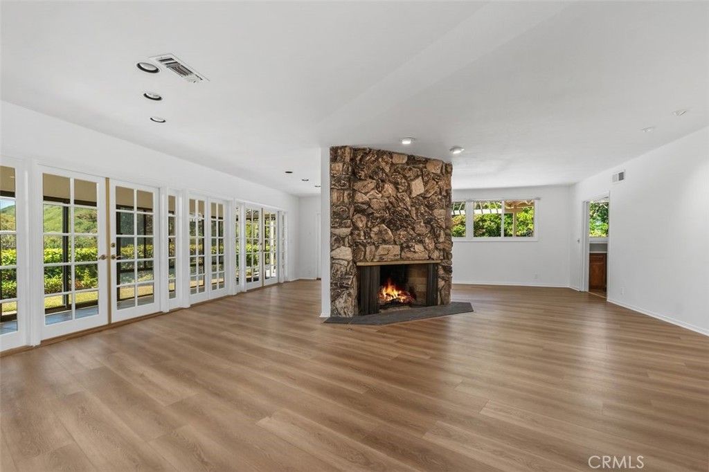 Empty room, Fireplace, Interior, Recessed Lighting, Wood Texture Flooring