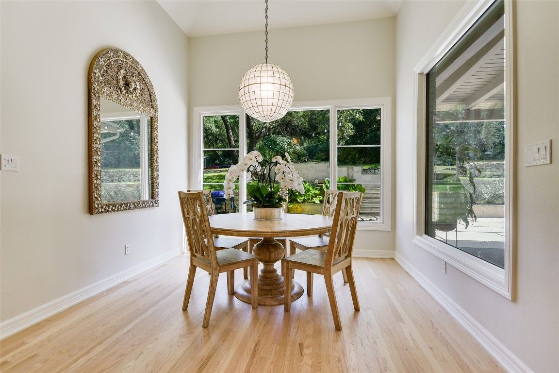 Dining room, Interior, Pendant Lights, Wood Texture Flooring