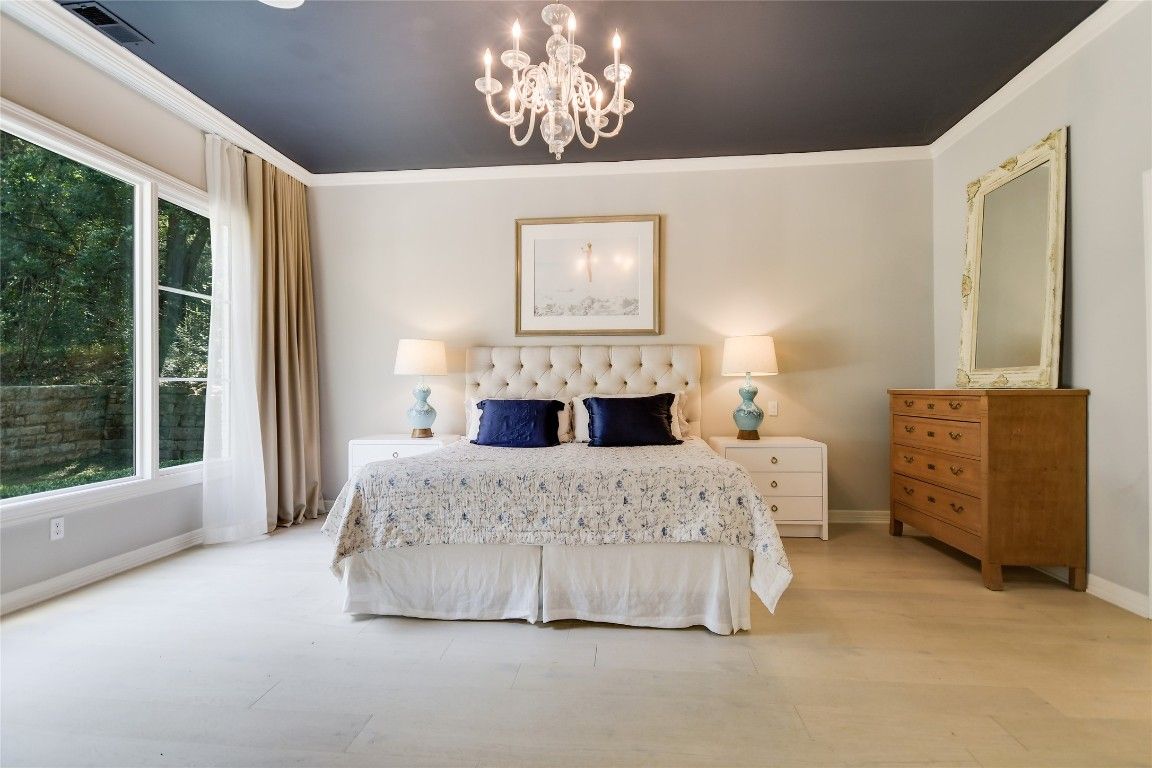 Bedroom, Chandelier, Interior, Wood Texture Flooring