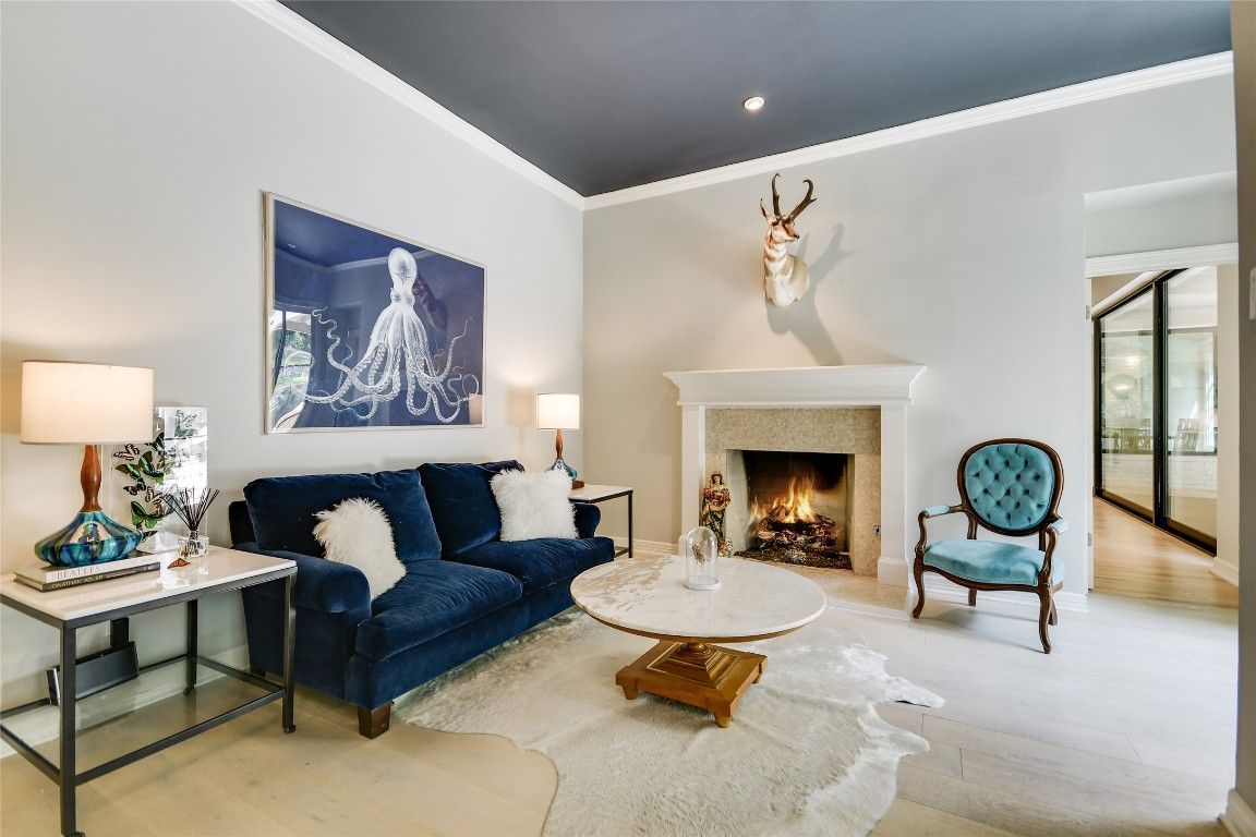 Fireplace, Interior, Living room, Recessed Lighting, Wood Texture Flooring