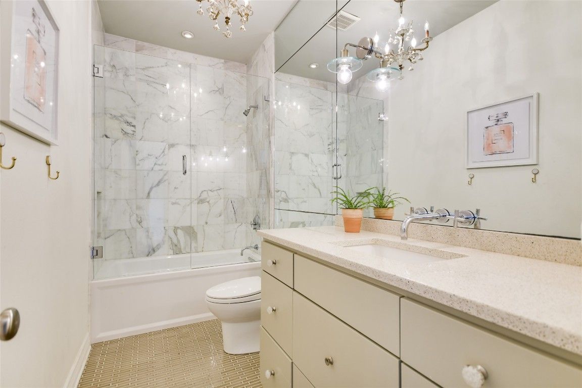 Bathroom, Chandelier, Glass Shower, Interior, Marble Walls, Recessed Lighting