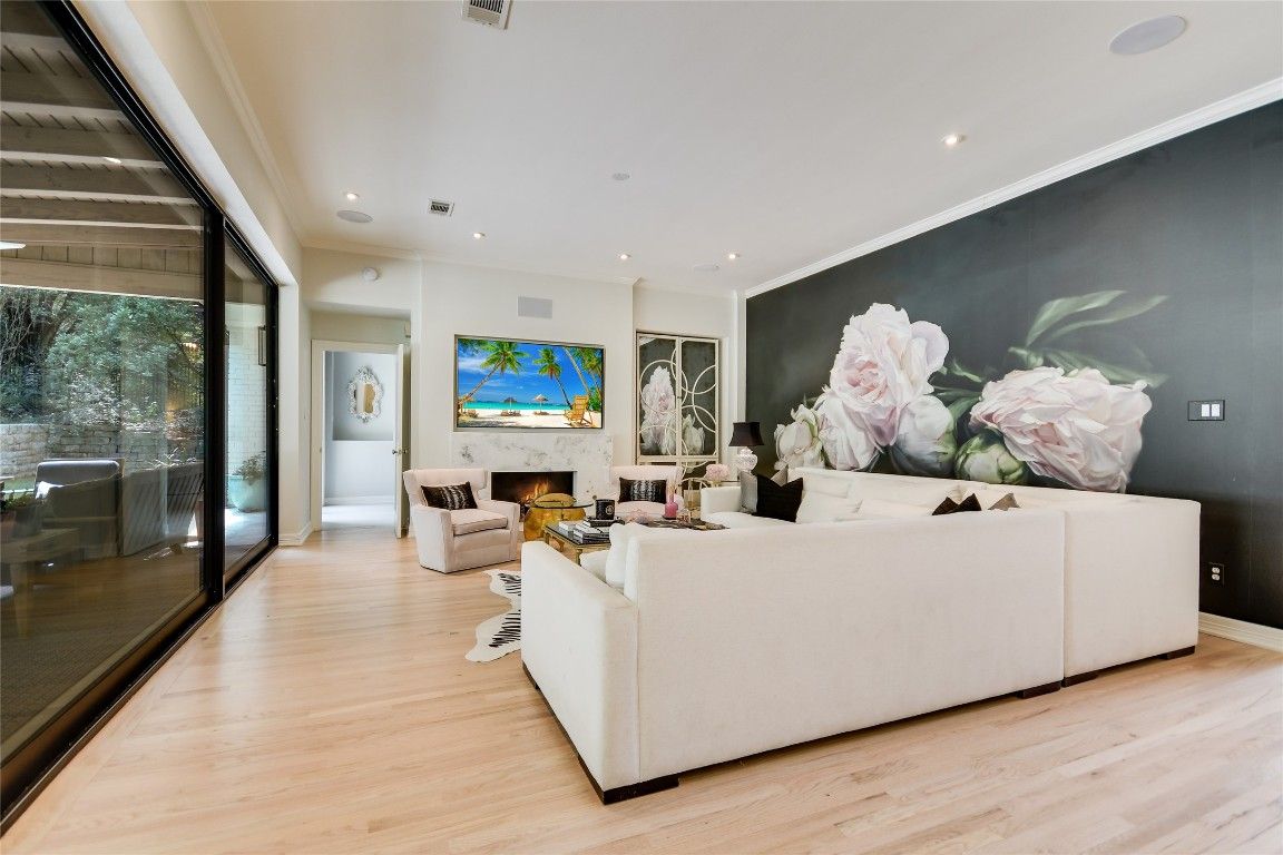 Fireplace, Interior, Living room, Recessed Lighting, Wood Texture Flooring