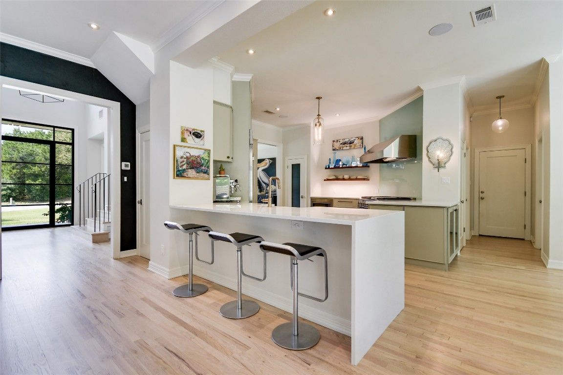 Interior, Kitchen, Pendant Lights, Recessed Lighting, Wood Texture Flooring
