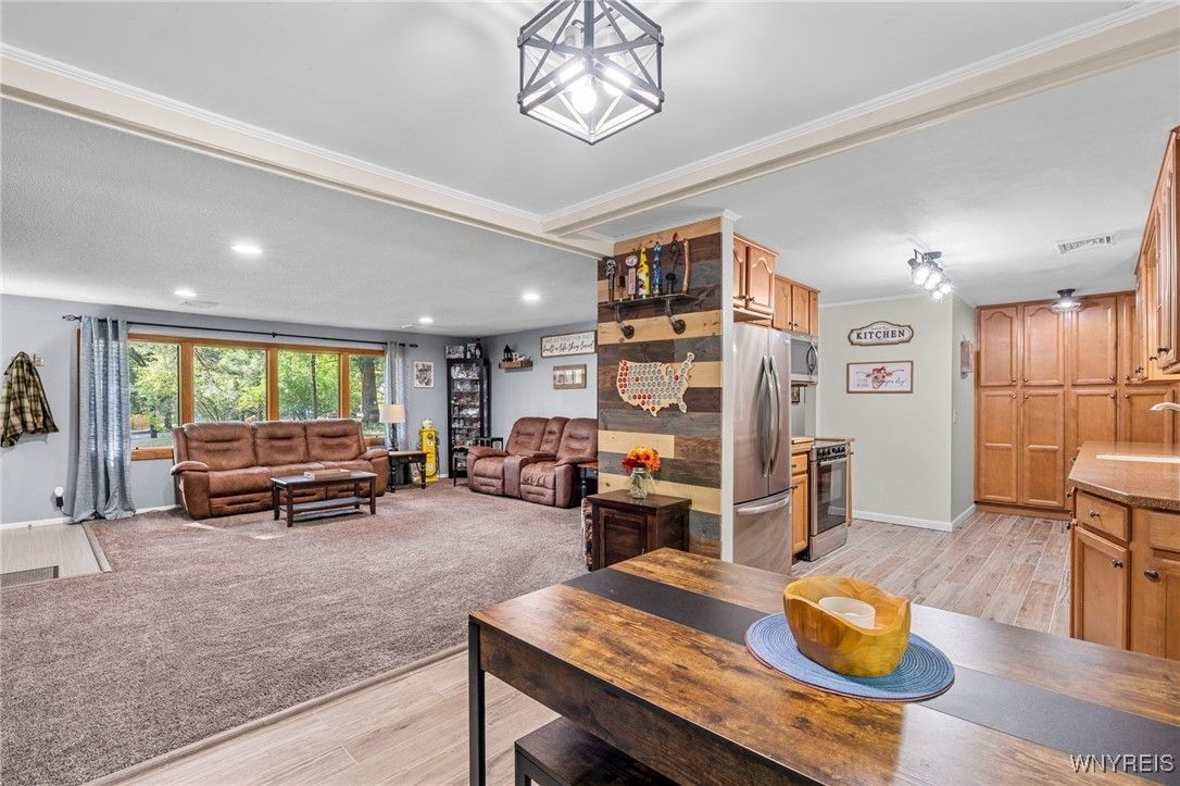 Interior, Kitchen, Living room, Recessed Lighting, Stainless Steel Appliances, Wood Texture Flooring