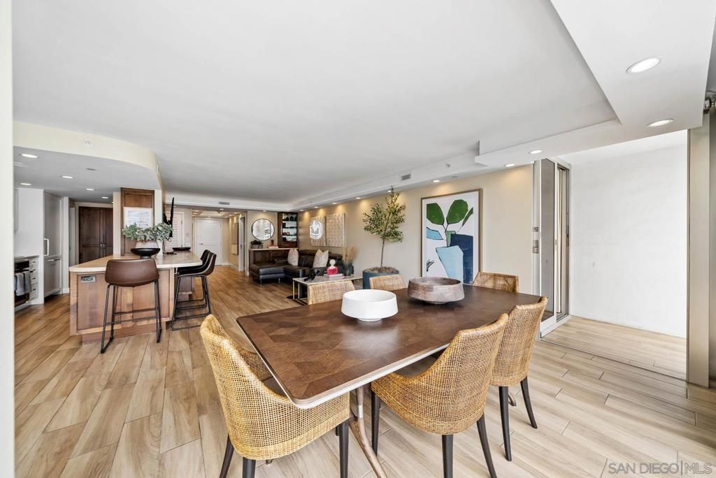 Dining room, Interior, Kitchen, Living room, Recessed Lighting, Wood Texture Flooring