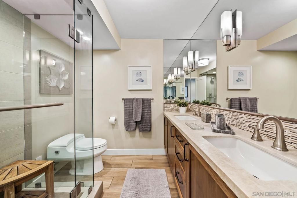Bathroom, Dual Sink Vanities, Glass Shower, Interior, Wood Texture Flooring