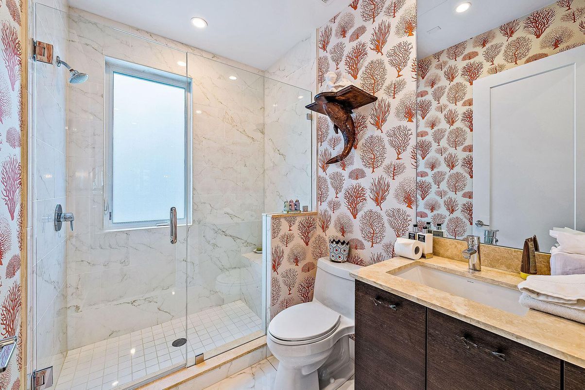 Bathroom, Glass Shower, Interior, Marble Walls, Recessed Lighting