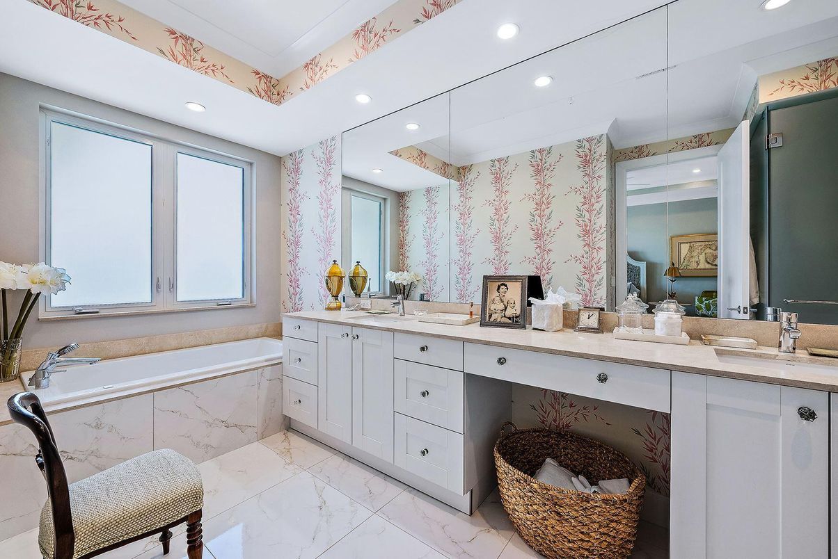 Bathroom, Dual Sink Vanities, Interior, Marble, Recessed Lighting