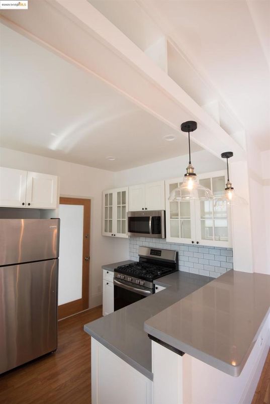 Interior, Kitchen, Pendant Lights, Stainless Steel Appliances, Wood Texture Flooring
