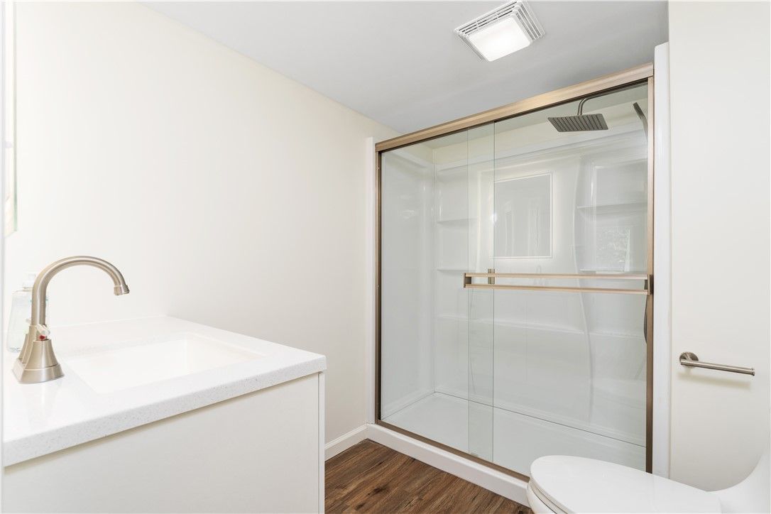 Bathroom, Glass Shower, Interior, Wood Texture Flooring