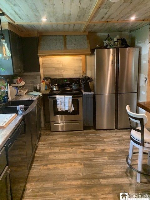 Interior, Kitchen, Recessed Lighting, Stainless Steel Appliances, Wood Texture Flooring