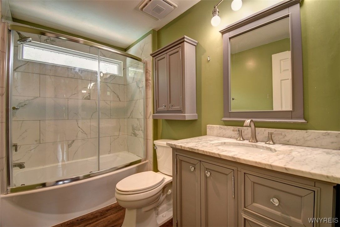 Bathroom, Glass Shower, Interior, Marble Walls, Wood Texture Flooring