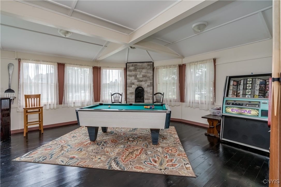 Billiard Table, Fireplace, Game Room, Interior, Stone Walls, Wood Texture Flooring