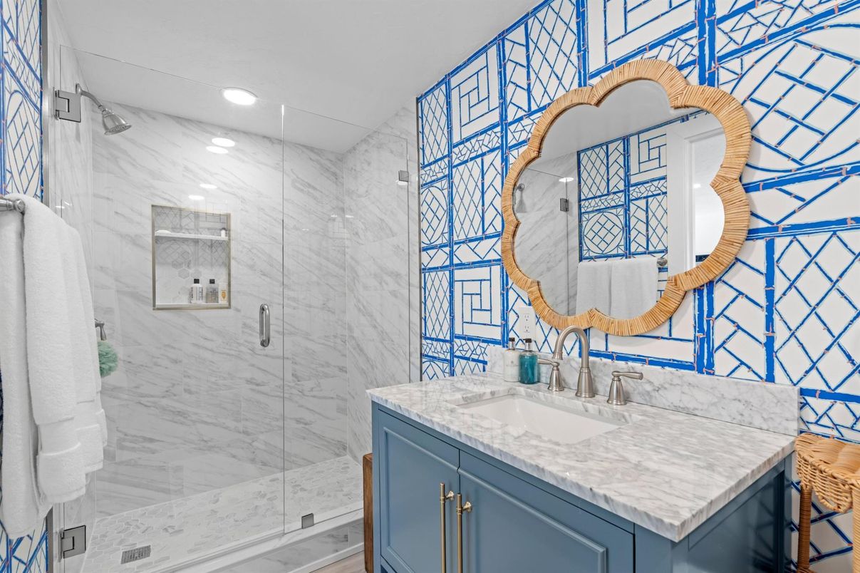 Bathroom, Glass Shower, Interior, Marble Walls, Recessed Lighting