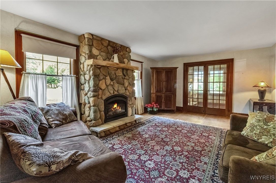 Fireplace, Interior, Living room, Stone Walls, Wood Texture Flooring