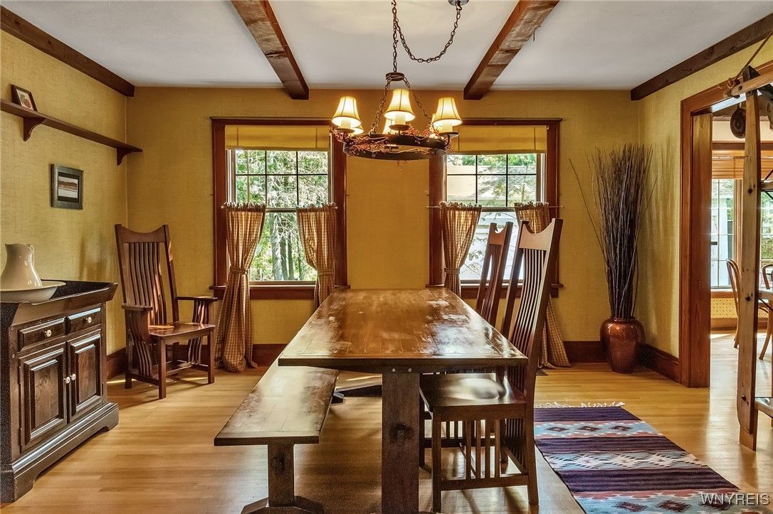 Chandelier, Dining room, Interior, Wooden Beams, Wood Texture Flooring