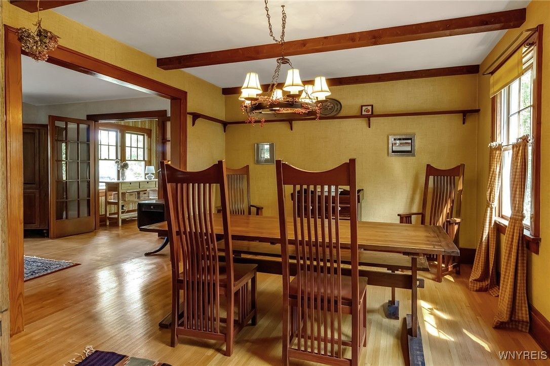Chandelier, Dining room, Interior, Wooden Beams, Wood Texture Flooring