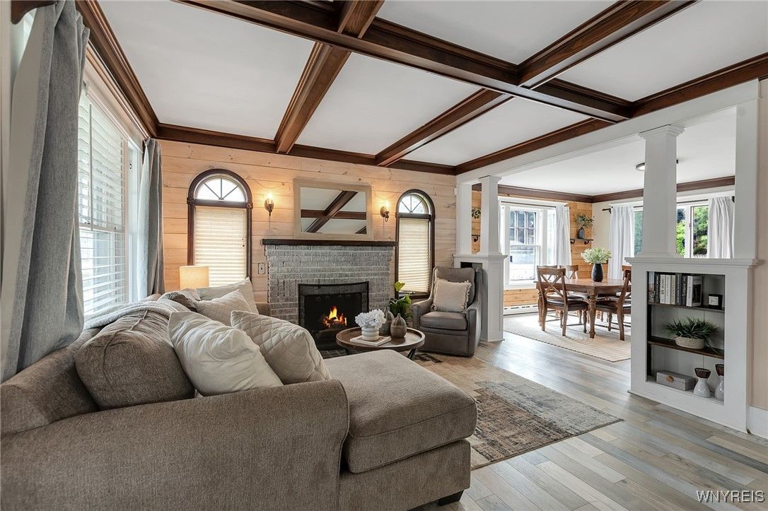 Dining room, Fireplace, Interior, Living room, Wooden Beams, Wood Texture Flooring