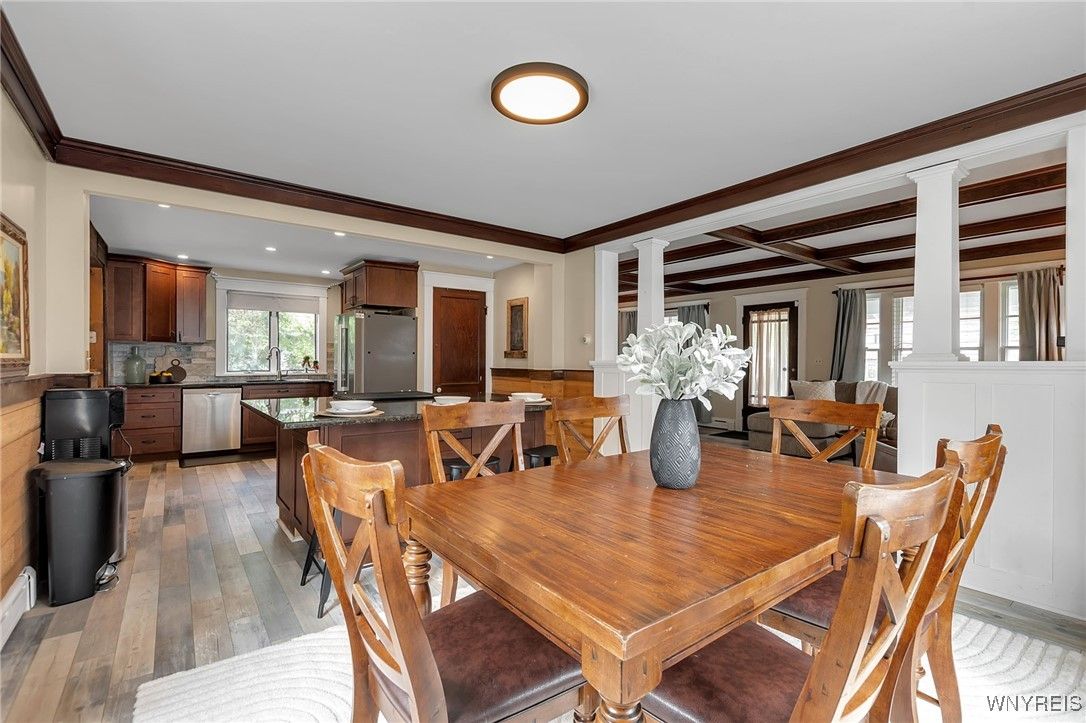 Dining room, Interior, Kitchen, Recessed Lighting, Wood Texture Flooring