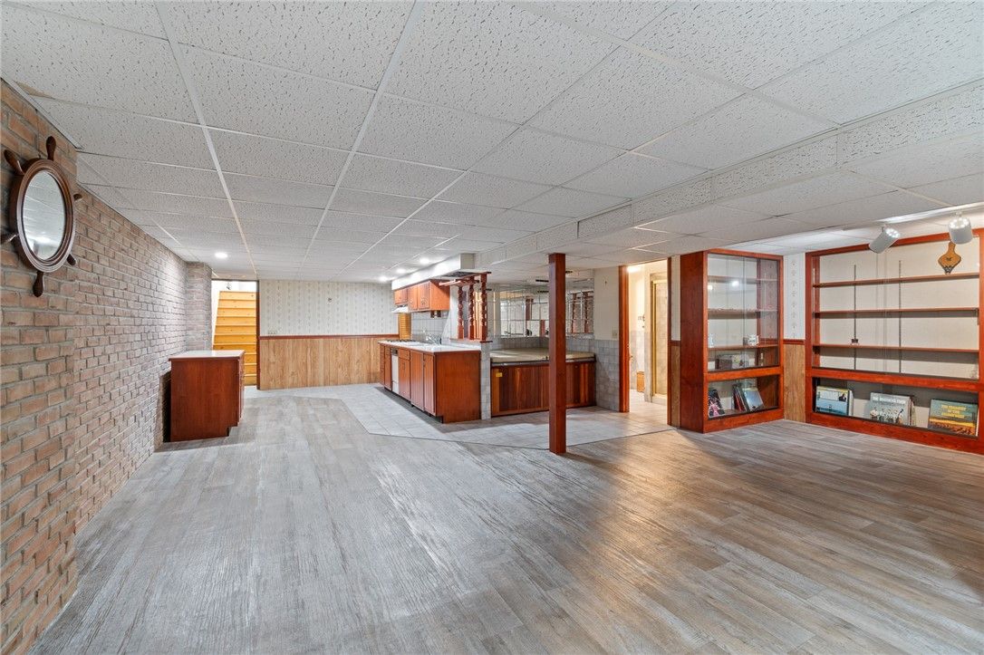 Empty room, Interior, Kitchen, Recessed Lighting, Stone Walls, Wood Texture Flooring