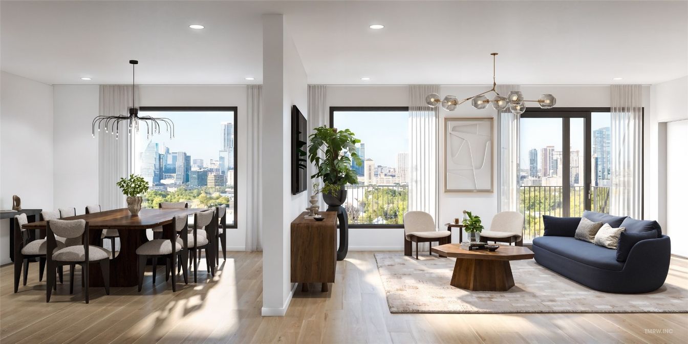Dining room, Interior, Living room, Pendant Lights, Recessed Lighting, Wood Texture Flooring