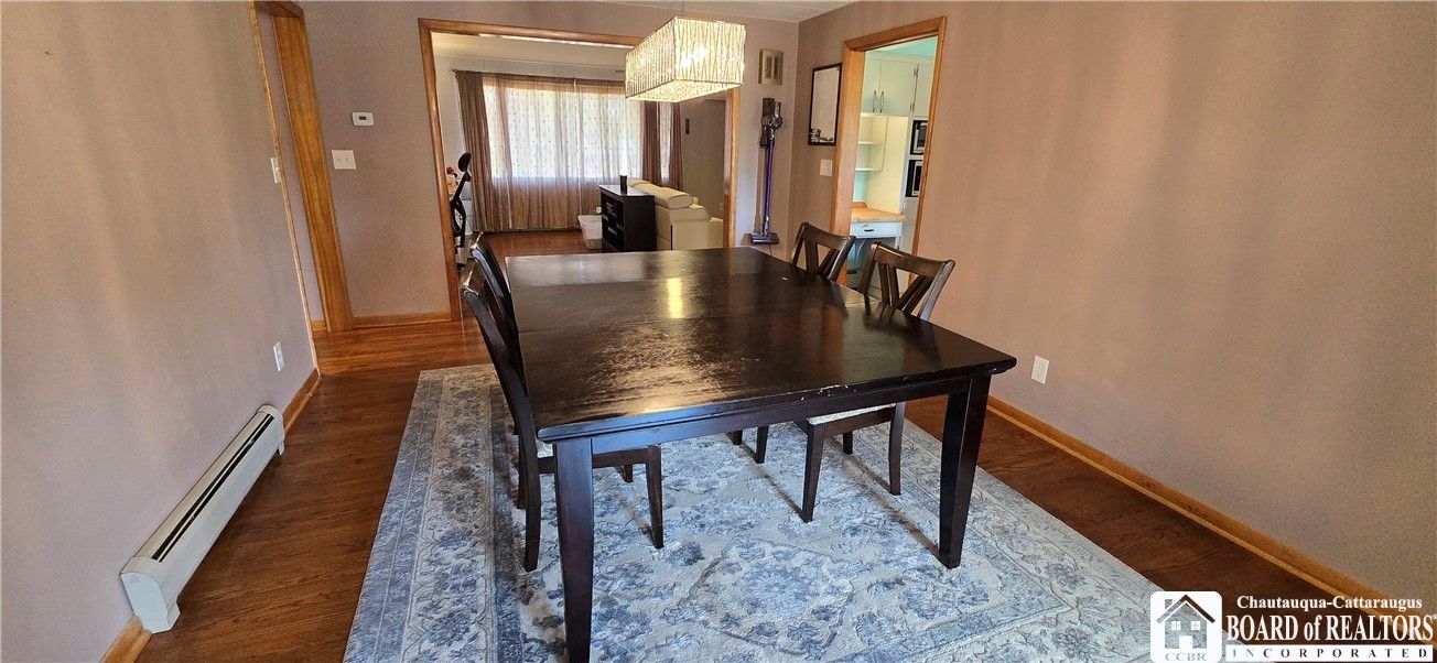 Dining room, Interior, Pendant Lights, Wood Texture Flooring