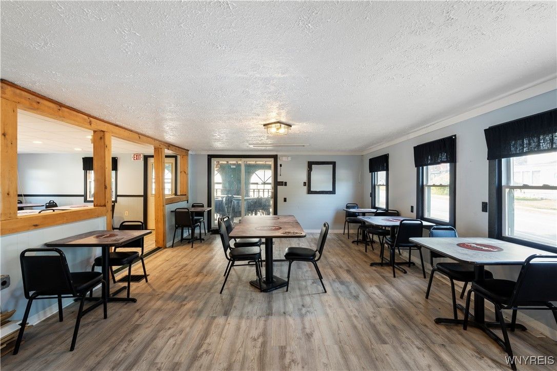 Dining room, Interior, Recessed Lighting, Wooden Beams, Wood Texture Flooring