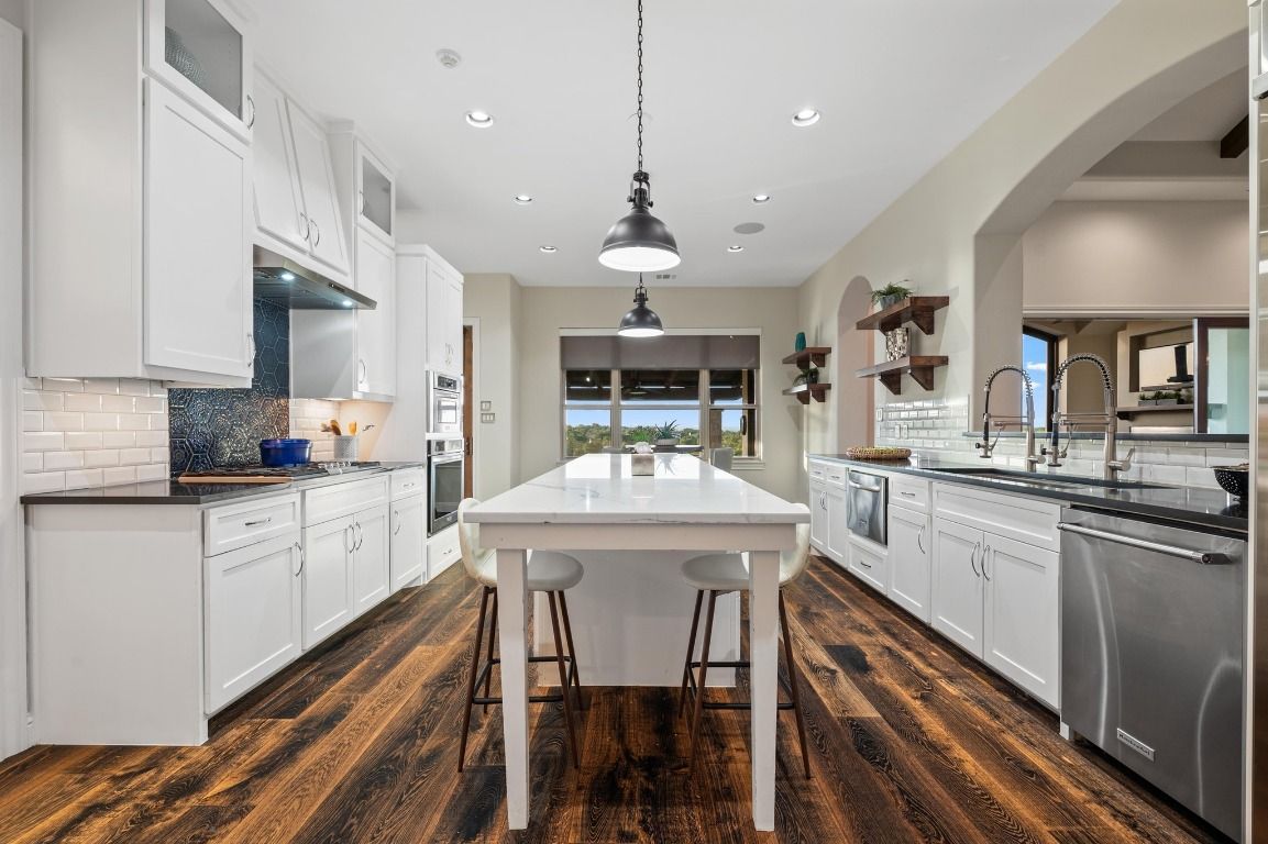 Interior, Kitchen, Pendant Lights, Recessed Lighting, Stainless Steel Appliances, Wood Texture Flooring