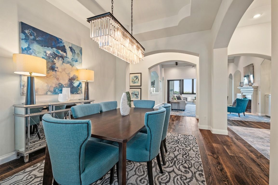 Chandelier, Dining room, Fireplace, Interior, Living room, Recessed Lighting, Wood Texture Flooring
