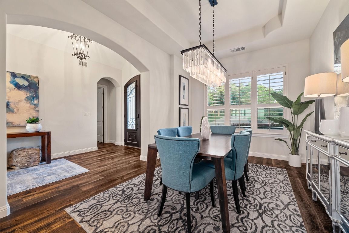 Chandelier, Dining room, Interior, Wood Texture Flooring