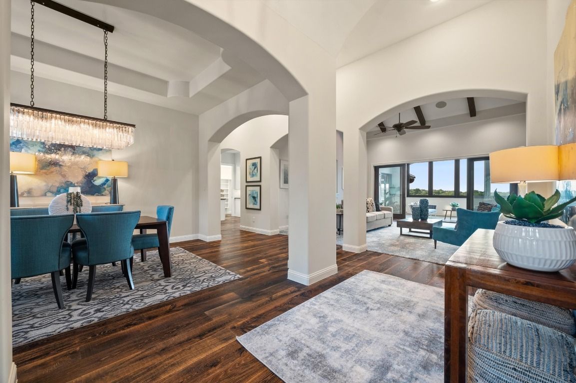 Chandelier, Dining room, Interior, Living room, Recessed Lighting, Wood Texture Flooring