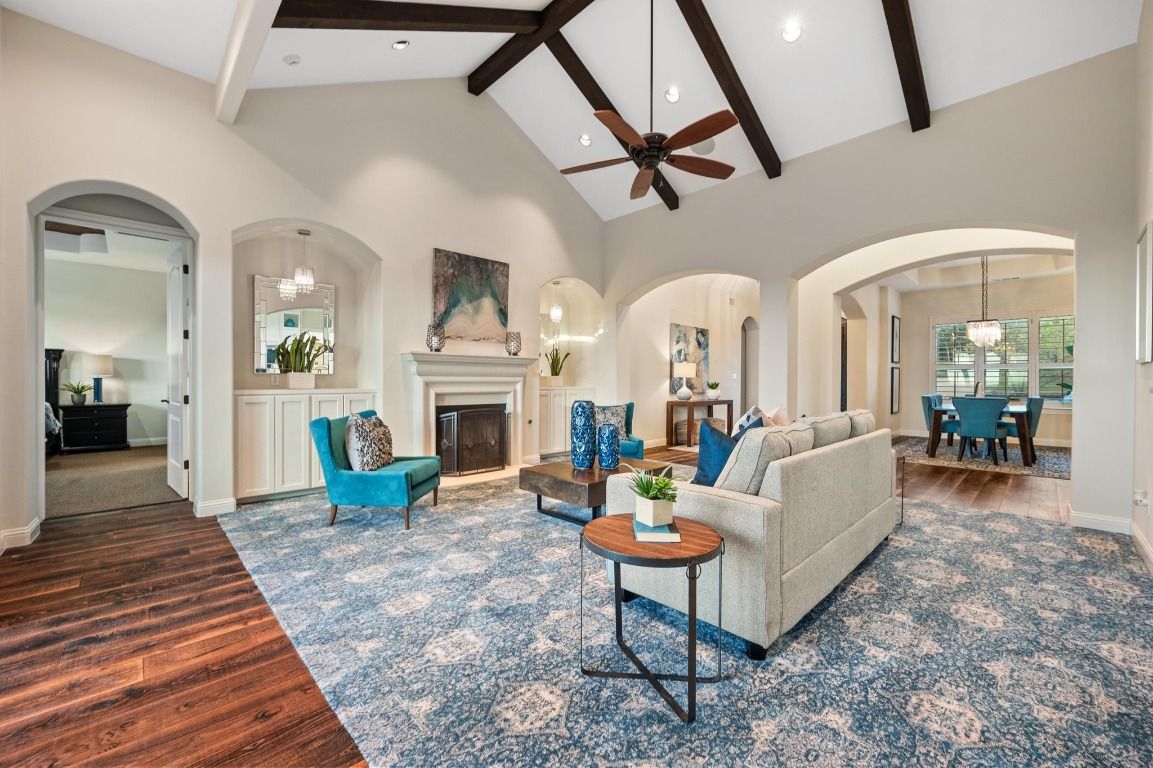 Dining room, Fireplace, Interior, Living room, Pendant Lights, Recessed Lighting, Wooden Beams, Wood Texture Flooring